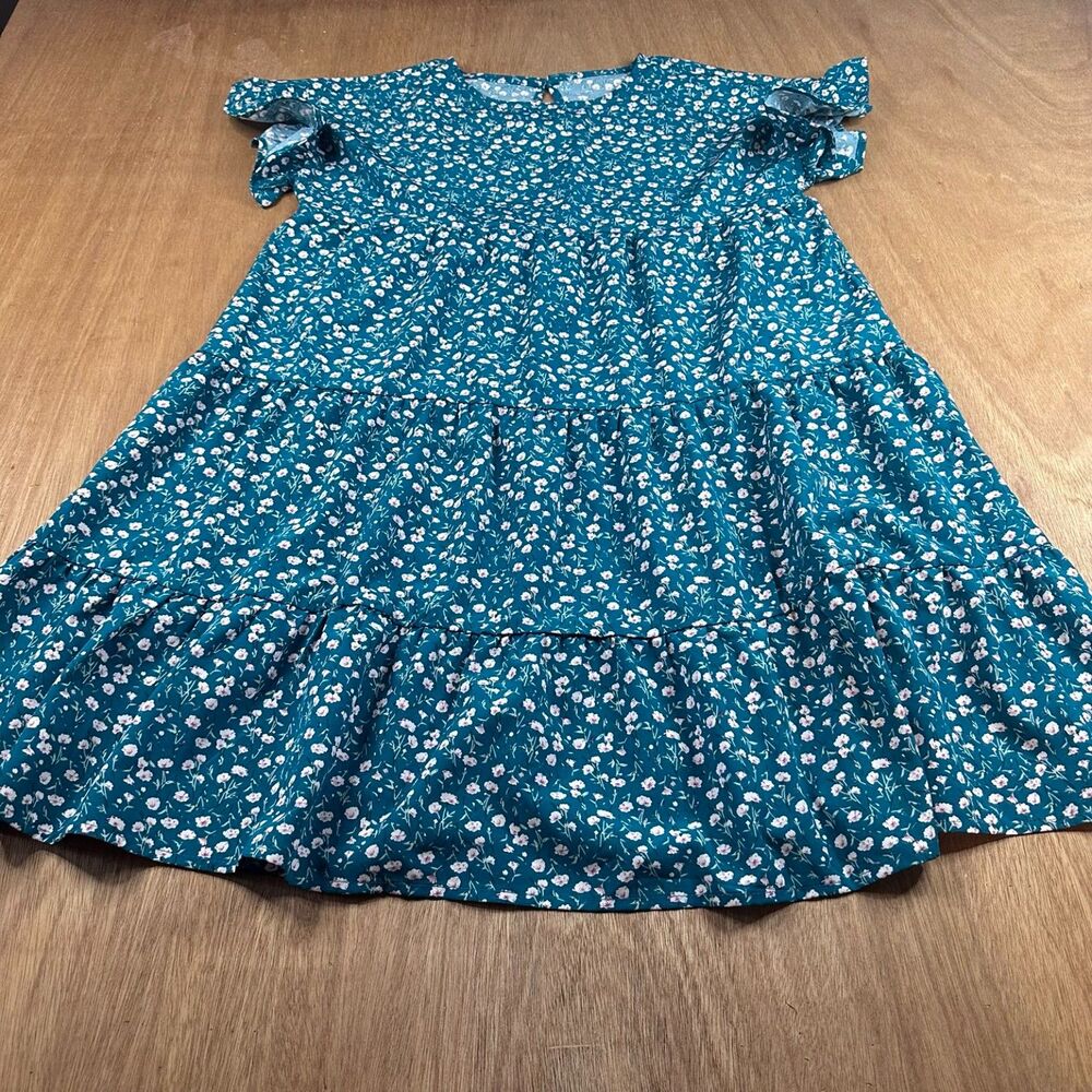 Womens Floral Tiered Babydoll Dress Small Boho Cottagecore Green